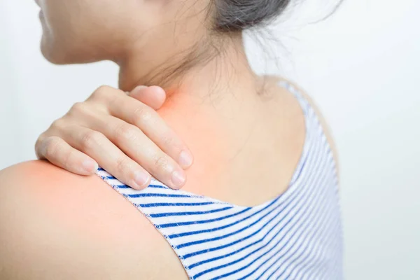 Mulheres Jovens Dor Pescoço Ombro Lesão Cuidados Saúde Conceito Médico — Fotografia de Stock