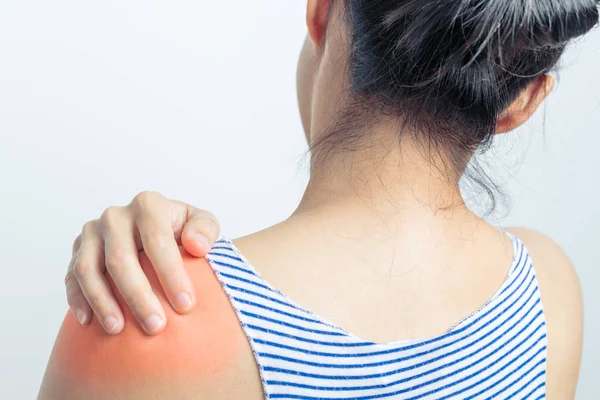 Mujeres Jóvenes Dolor Cuello Hombro Lesión Cuidado Salud Concepto Médico — Foto de Stock