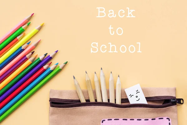 Okulun Arka Planına Hoş Geldiniz Renkli Renkli Kalem Kırtasiye Çantası — Stok fotoğraf