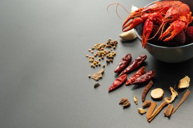 Kerevit kırmızısı, siyah arka planda kızarması için otlu bebek ıstakozu.