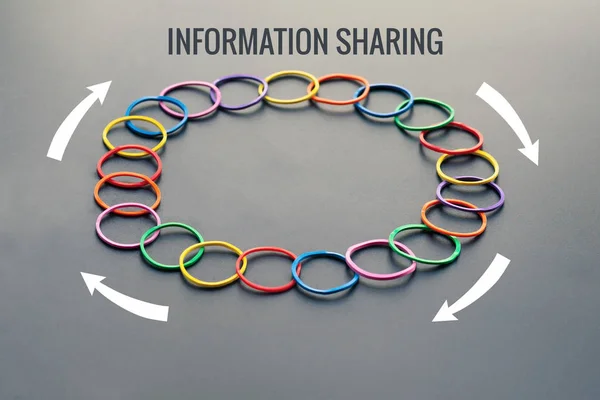 Information sharing concept, colorful rubber band with word Information Sharing, flow arrow on black background