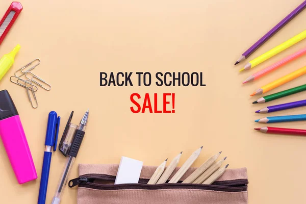 Welcome Back School Sale Background Colorful Color Pencil Stationery Bag — Stock Photo, Image