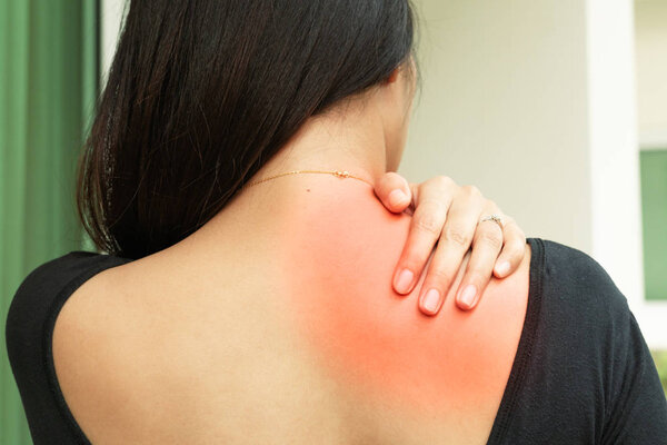 young women neck and shoulder pain injury, healthcare and medical concept