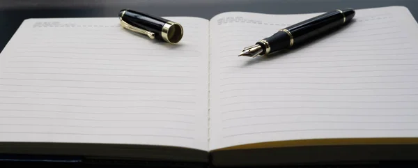 Lüks kalem ile kopya alanı ile çizgili günlük defter açtı