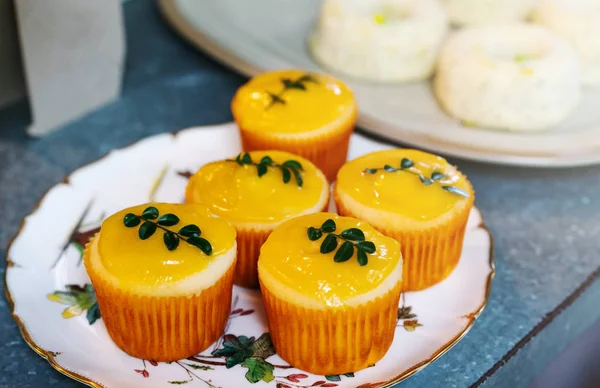 Lemon cupcakes with lemon green leave, group of bakery cupcake and other cake, selective focus