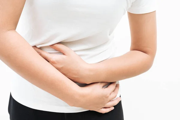 Young Woman Suffering Abdominal Pain Feeling Stomachache Symptom Pms White — Stock Photo, Image