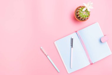 Çalışma masası tasarım ofis malzemeleri pembe pastel arka planda kaktüs ile minimal stil