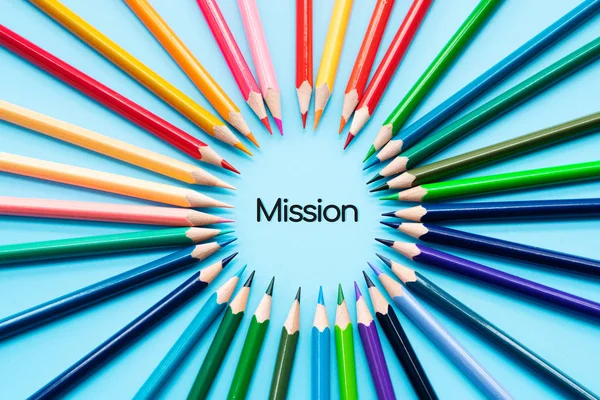 Mission concept, group of color pencils share idea to complete mission