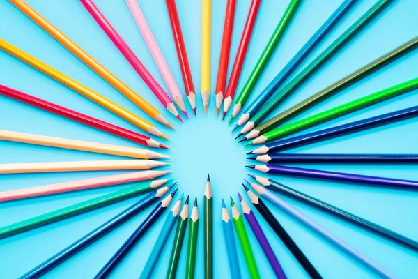 Idea Sharing Concept Multicolored Pencils Blue Background — Stock Photo, Image