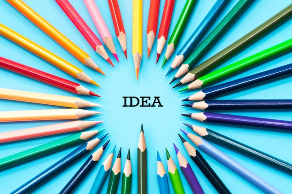 Idea Sharing Concept Multicolored Pencils Blue Background — Stock Photo, Image