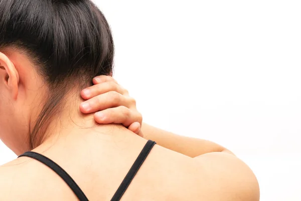 Mulheres jovens dor no pescoço e ombro lesão, cuidados de saúde e conceito médico — Fotografia de Stock