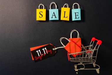 Alışveriş arabası ve alışveriş çantası, yıl sonu indirimi, 11.11 bekarlar günü satış konsepti