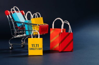 Alışveriş arabası ve alışveriş çantası, yıl sonu indirimi, 11.11 bekarlar günü satış konsepti
