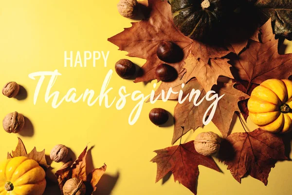 Feliz Día de Acción de Gracias con hojas de arce, nuez y calabaza sobre fondo amarillo — Foto de Stock