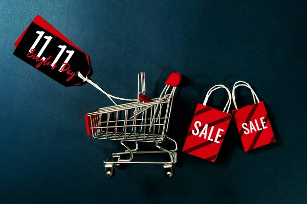 Carrello della spesa e shopping bag, vendita di fine anno, 11.11 single day sale concept — Foto Stock