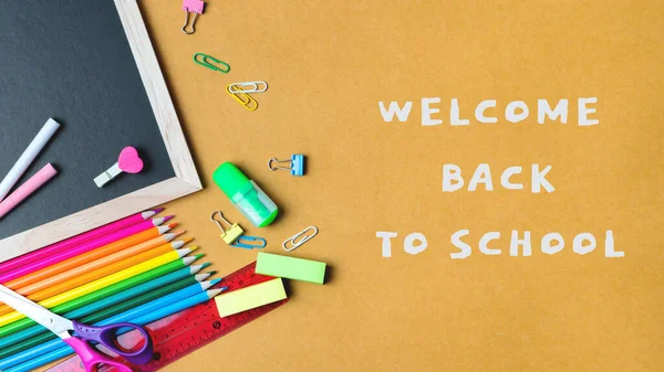 School Supplies Black Board Background Back School Concept — Stock Photo, Image