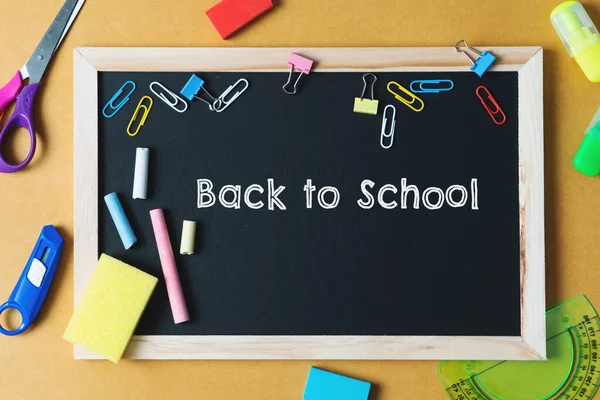 School Supplies Black Board Background Back School Concept — Stock Photo, Image