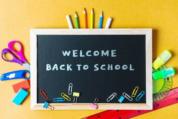 School Supplies Black Board Background Back School Concept — Stock Photo, Image