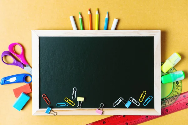 School Supplies Black Board Background Back School Concept — Stock Photo, Image