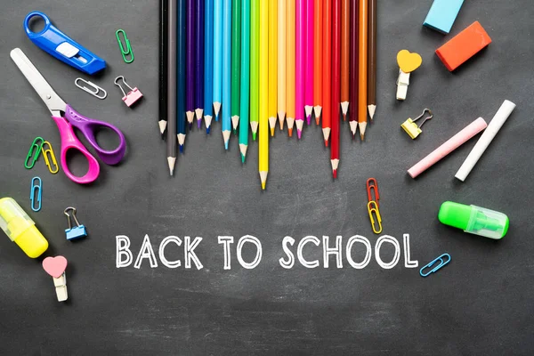 School Supplies Blackboard Background Back School Concept — Stock Photo, Image