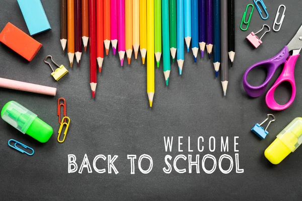 School Supplies Blackboard Background Back School Concept — Stock Photo, Image