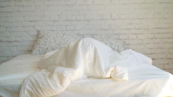 Young attractive woman lying in the bed, enjoying the morning at home. Girl looking at the camera and smiling. — Stock Video