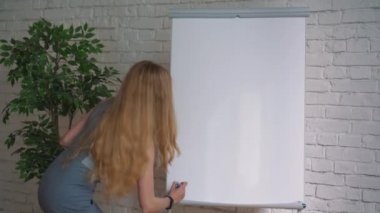 İş adamı, konferans odasındaki sunum sırasında fikirlerini beyaz tahtaya koyuyor. İşaretli kalemle yazı çizelgesine odaklan. Kalem ve beyaz pano ile eli kapat