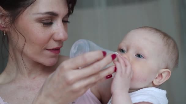 Aranyos újszülött táplálni az anyja segítségével üveg portréja. Szerető nő, amely inni a fiát. Anya a baba etetés. — Stock videók