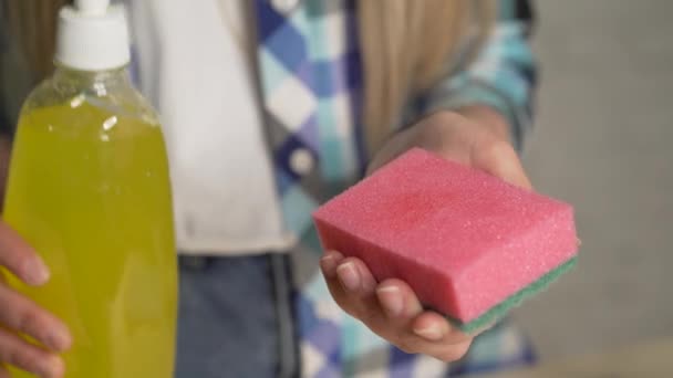 Meios para lavar pratos, tarefas casuais xadrez conceito tecidos camisa pessoas. Fecho de uma senhora a limpar as placas usando um detergente viscoso. Rapariga a lavar pratos. Uma gota de detergente na esponja — Vídeo de Stock