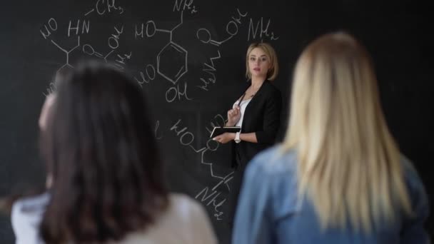 Enseignant écrit des formules sur le tableau de la craie et explique aux élèves la formule . — Video