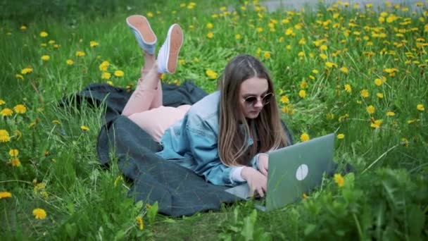 Chica acostada en la hierba, trabajando con un portátil . — Vídeos de Stock