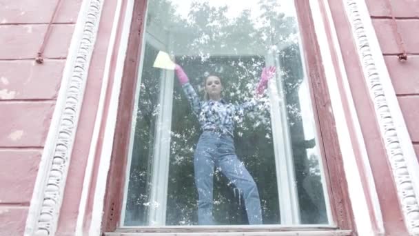 Sonriendo atractiva esposa lavando una ventana — Vídeo de stock