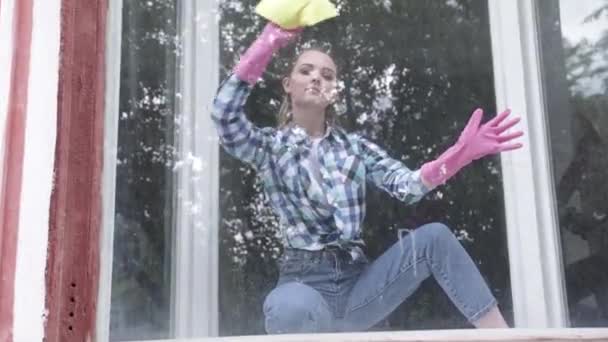 Smiling attractive wife washing a window — Stock Video
