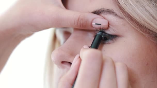 Visagista pinta los ojos con sombra de ojos a una joven — Vídeos de Stock