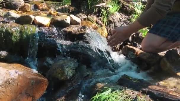 Boire de l'eau pure de la rivière de montagne man main est absorbée par de l'eau pure de la rivière de montagne . — Video