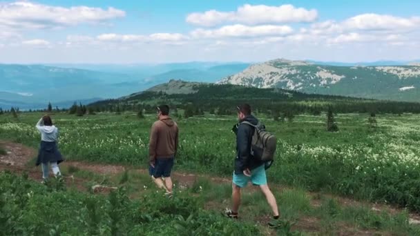 Похід по стежці в сонячний день. Група друзів літні пригоди подорожі в гірській природі на відкритому повітрі — стокове відео