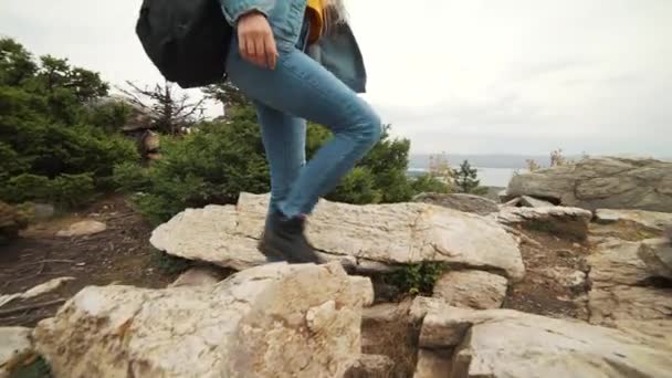 Mujer turista en la parte superior es feliz y celebrar el éxito. Una mujer con una chaqueta de mezclilla en la cima del mundo se regocija en un gesto victorioso — Vídeo de stock