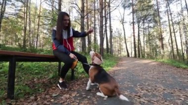 Sonbahar Park yürüyen bir sevimli köpek kadınla