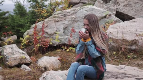 Tourist Drinking Tea Mug Thermos Mountains — Stock Video