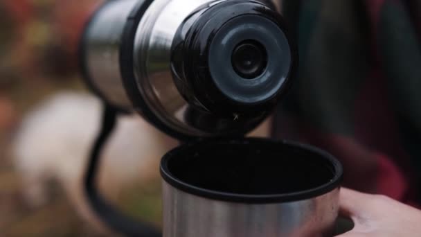 Turista beber chá de uma caneca de uma garrafa térmica contra as montanhas — Vídeo de Stock