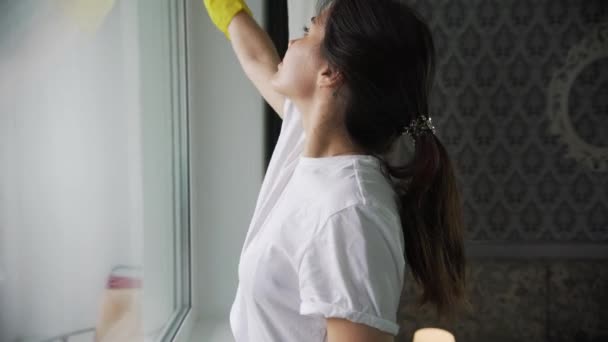 Девушка занимается мытьем окон в квартире — стоковое видео