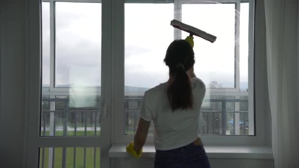 The girl is engaged in washing Windows in the apartment — Stock Video