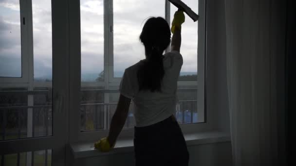Het meisje houdt zich bezig met het wassen van ramen in het appartement — Stockvideo