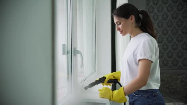 Lavagem profissional de Windows, a menina da companhia de limpeza lava lugares difíceis de conseguir, limpeza a vapor — Vídeo de Stock
