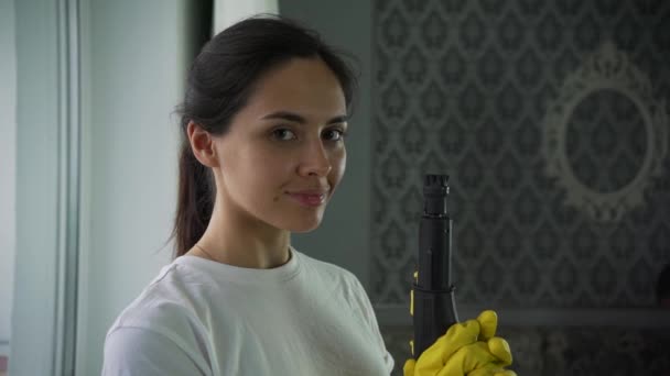 Limpeza profissional do Windows. Lavagem da janela com detergente especial. uma dona de casa ou senhora de limpeza — Vídeo de Stock