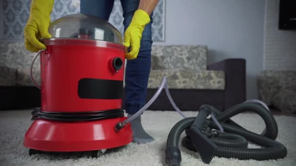 Cleaning fabric of the sofa with a steam cleaner. — Stock Video