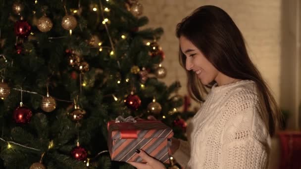 A menina faz um desejo e abre um pacote de presente de Natal. o conceito de férias e Ano Novo. a menina está feliz e sorrindo com um presente de Natal em suas mãos . — Vídeo de Stock