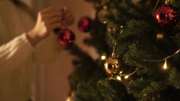 Menina decora a árvore de Natal — Vídeo de Stock