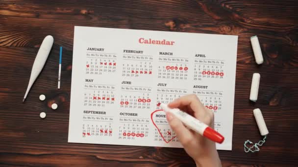 Calendário de menstruação com tampões de algodão, close-up — Vídeo de Stock