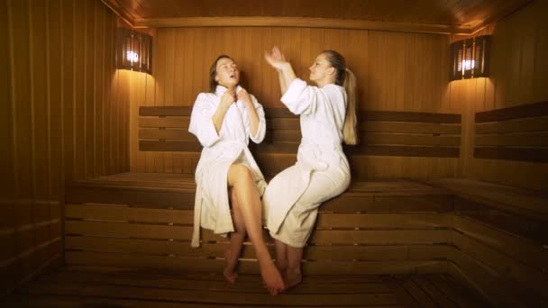 Two happy women talking to each other in a sauna — Stock Video